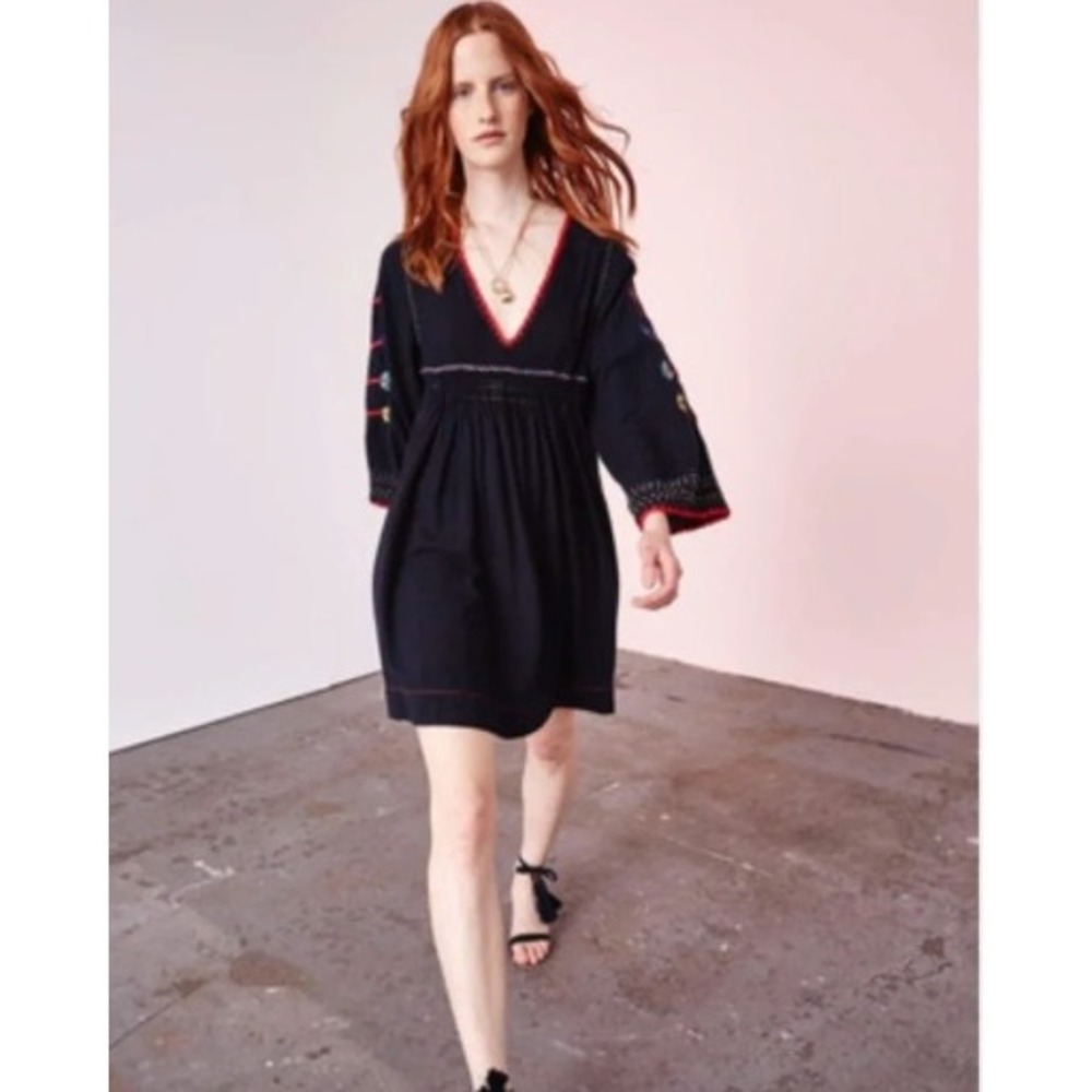 Ulla Johnson Masha Floral Embroidered Silk Pleated Tunic Dress Midnight Size 2